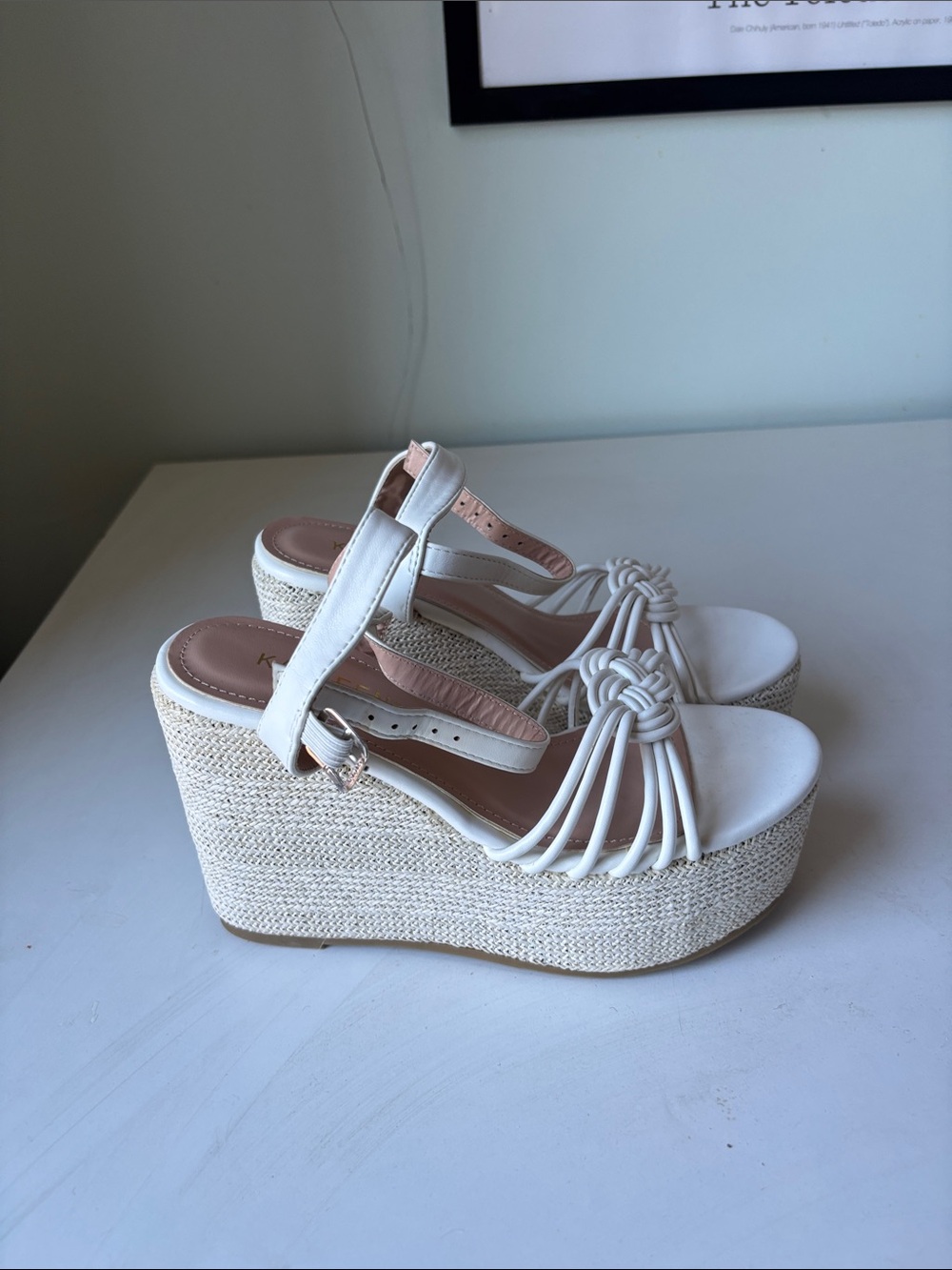 KAYLEEN By Los Angeles White Knotted Strap Espadrille Wedge Sandals. Comfortable